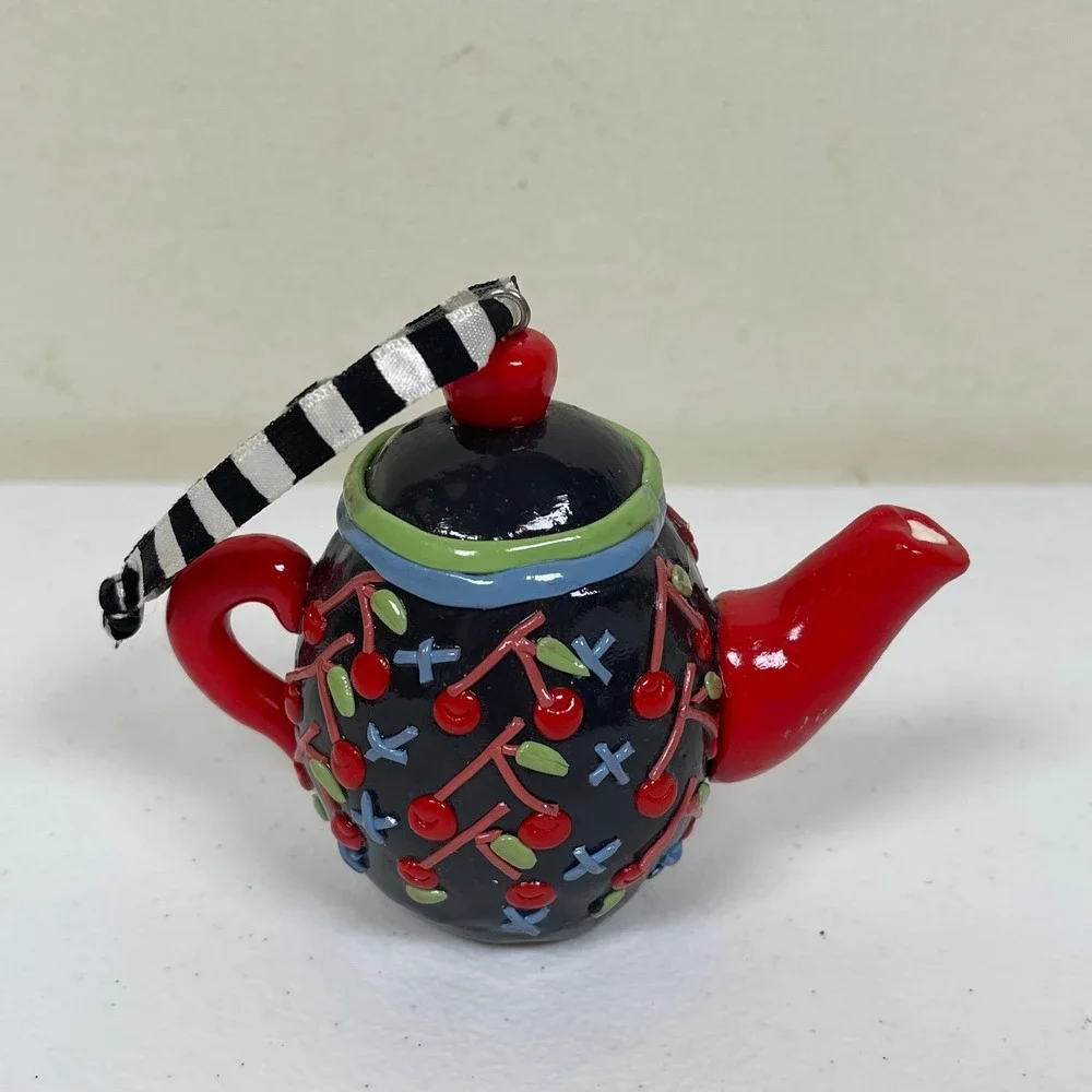 Mary Engelbreit Teapot Christmas Ornament Black Red Cherry Print Whimsy Kitsch